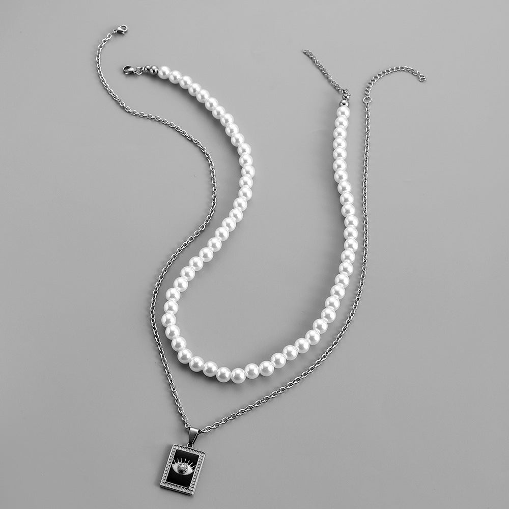 Stylish And Simple Personality All-match Stainless Steel Square Plate Eye Pearl Necklace