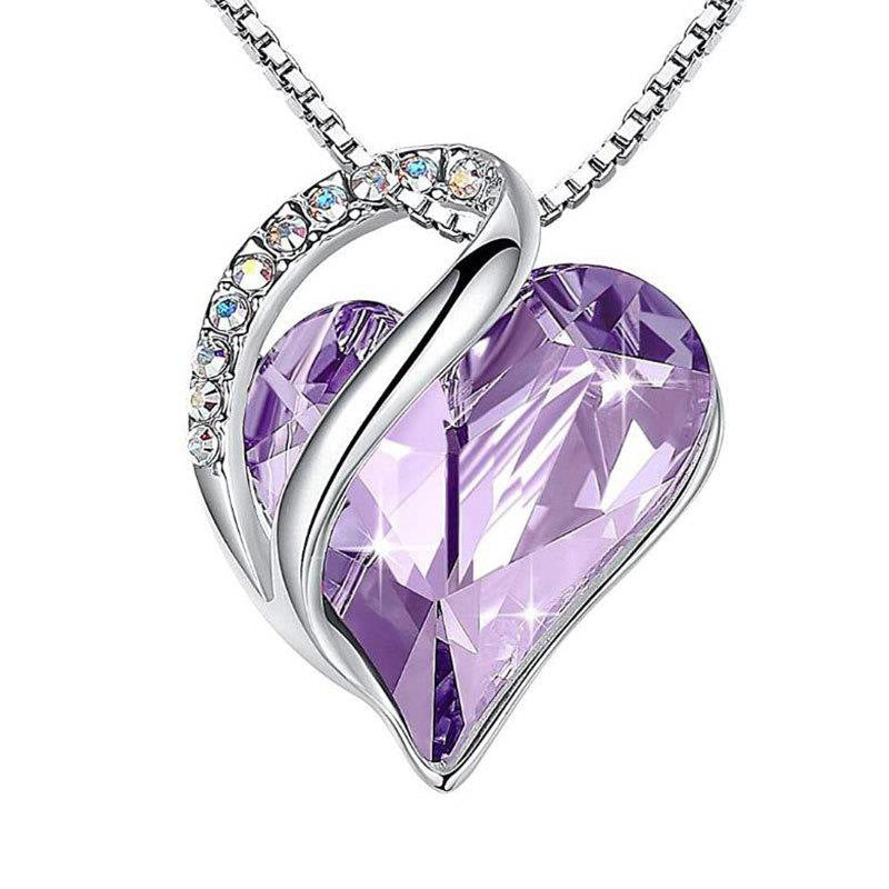 Sterling Silver Geometric Heart Shape Colorful Crystal Pendant Necklace For Women NE22016 Amethyst 925 Silver