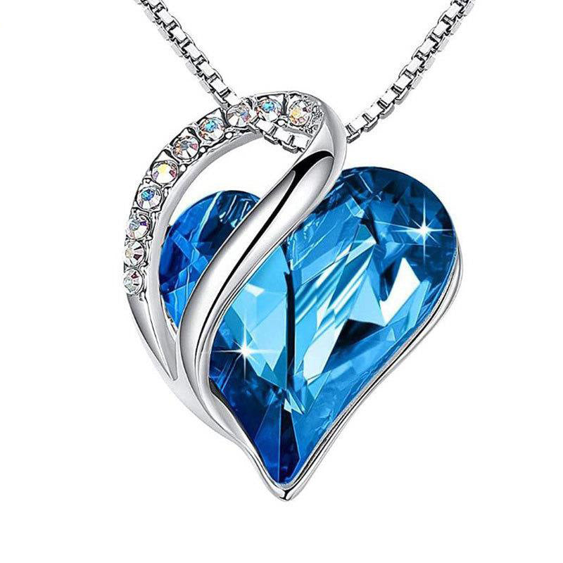 Sterling Silver Geometric Heart Shape Colorful Crystal Pendant Necklace For Women NE22016 Ocean Blue 925 Silver