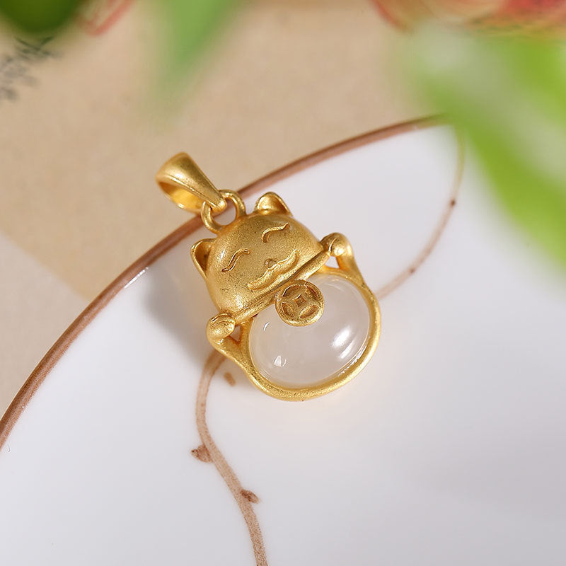 Lucky Cat Hetian Jade Ancient Law Gold Pendant Female Niche Single White Jade