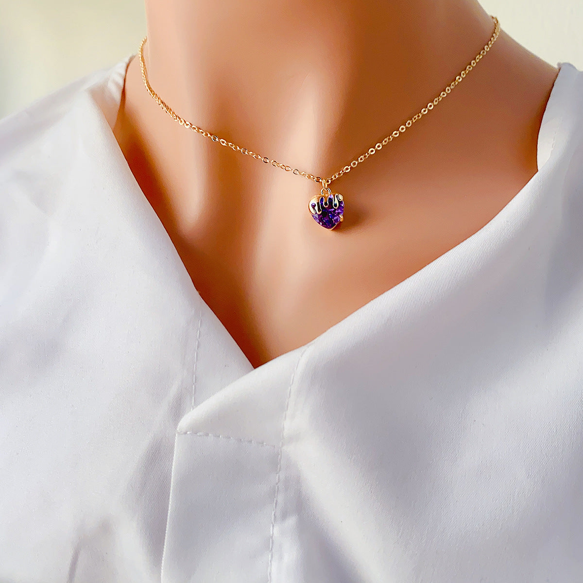 Women's Fashion Casual Heart-shaped Zircon Pendant Necklace 1 Gold Purple Zircon
