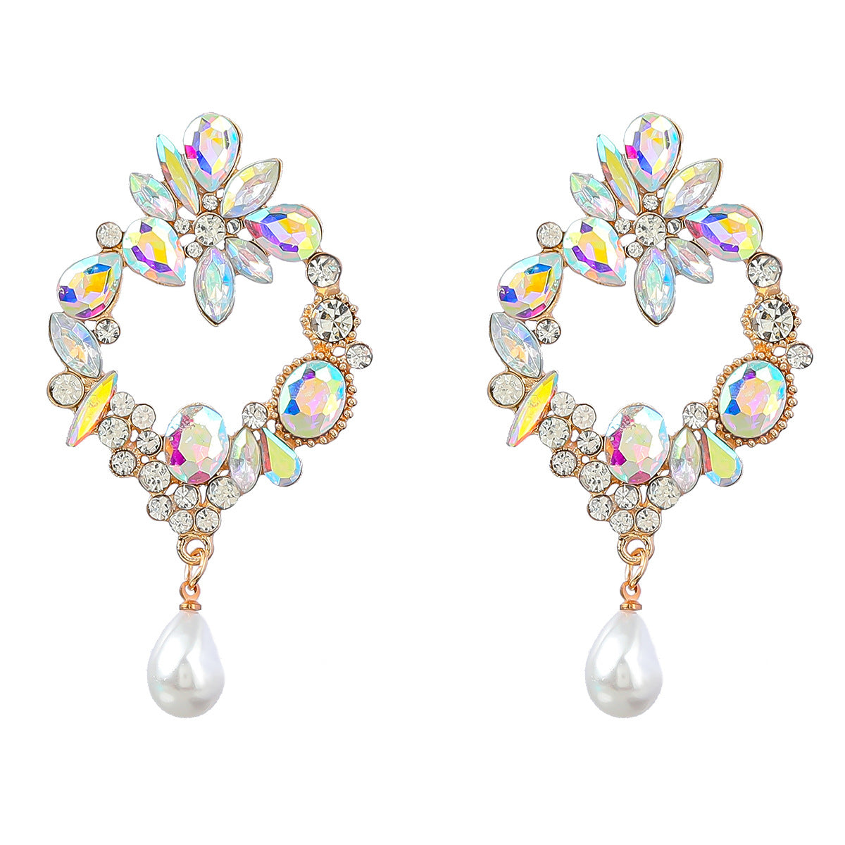 Gold Diamond Geometric Flower Trendy Women Faux Pearl Earrings AB Color