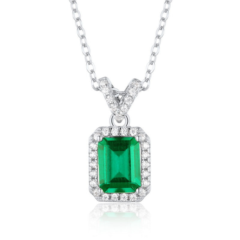 S925 Silver Octagonal Emerald Pendant Necklace White Gold Color 925 Silver