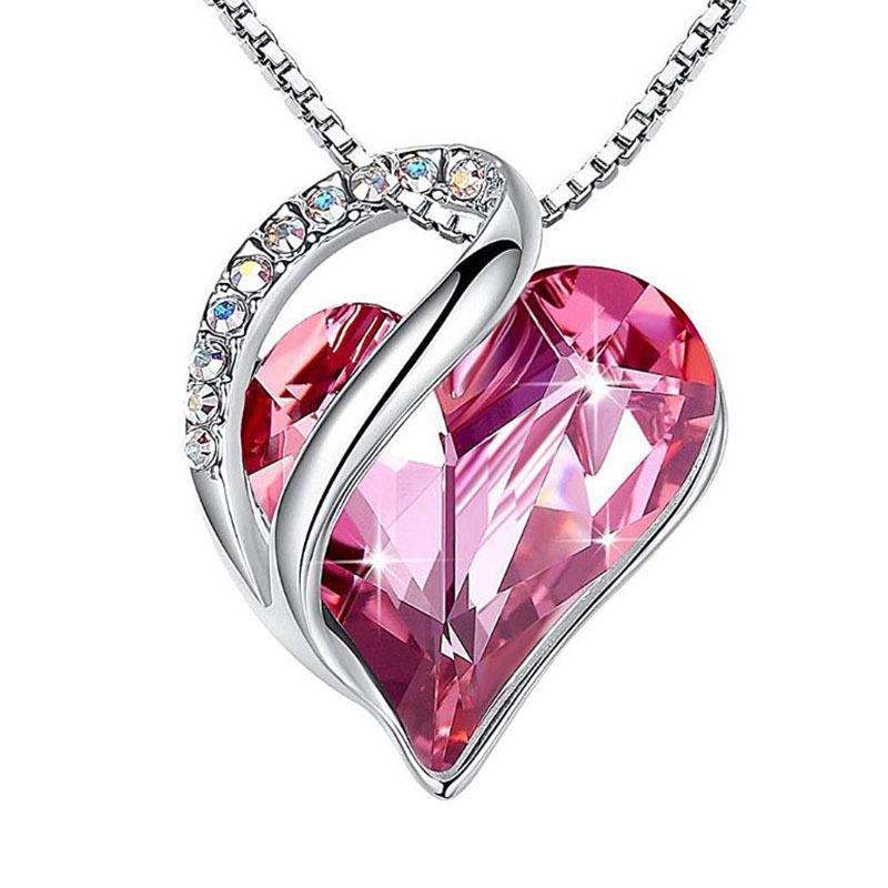 Sterling Silver Geometric Heart Shape Colorful Crystal Pendant Necklace For Women NE22016 Light Red 925 Silver