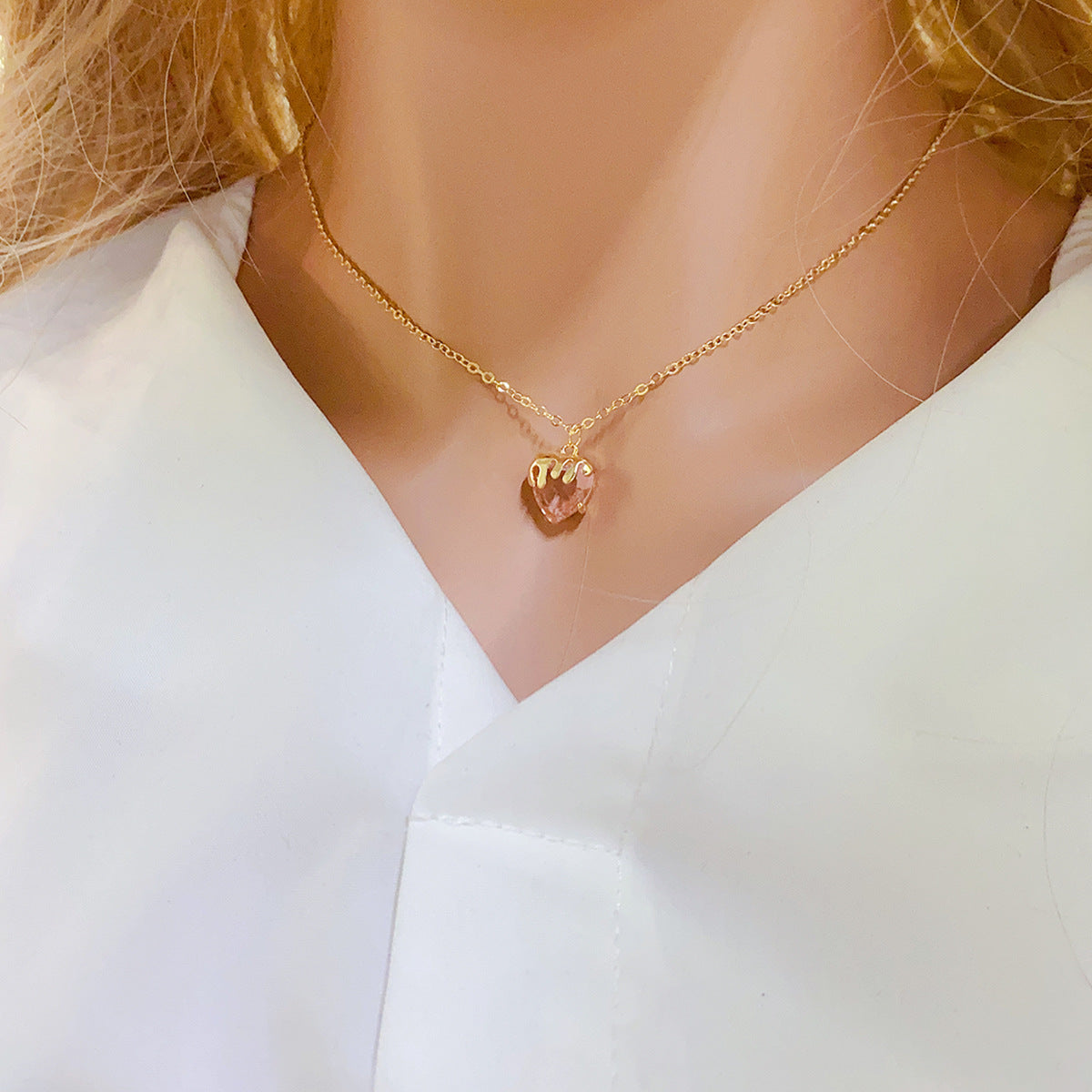Women's Fashion Casual Heart-shaped Zircon Pendant Necklace 5 Gold Peach Zircon