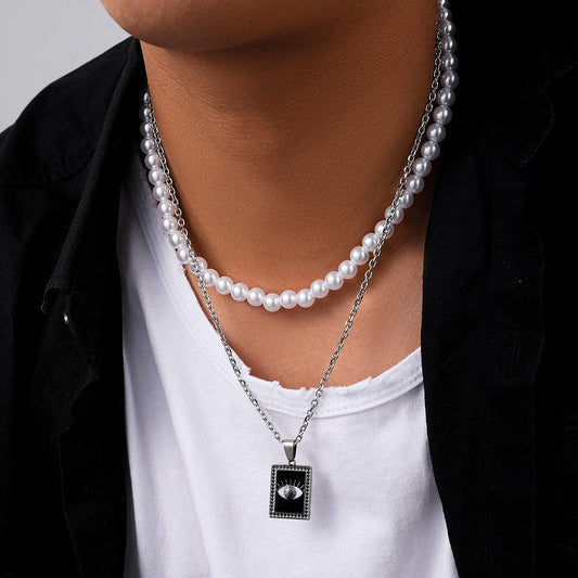 Stylish And Simple Personality All-match Stainless Steel Square Plate Eye Pearl Necklace