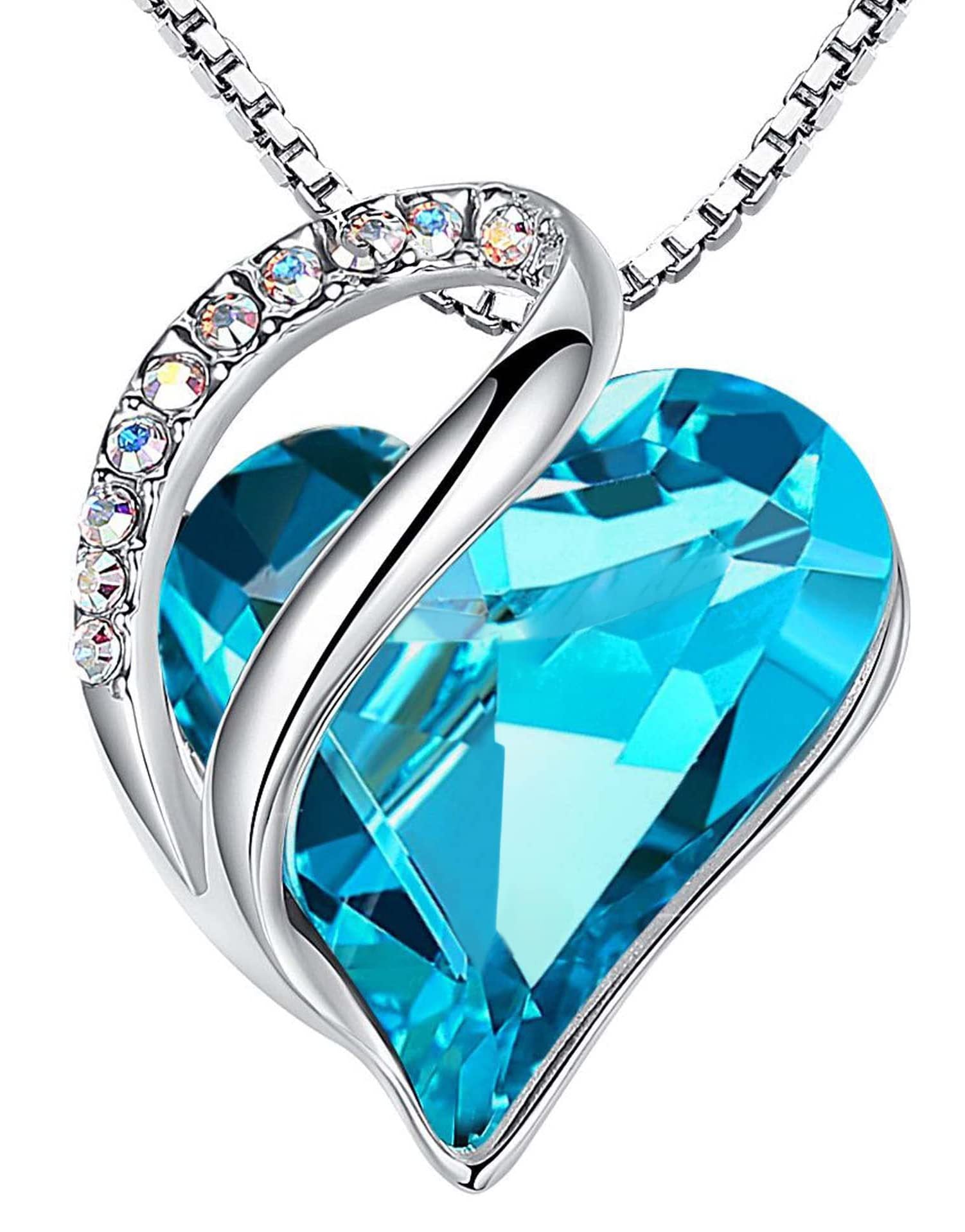 Sterling Silver Geometric Heart Shape Colorful Crystal Pendant Necklace For Women Light Blue 925 Silver