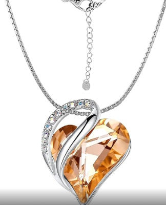 Sterling Silver Geometric Heart Shape Colorful Crystal Pendant Necklace For Women Orange 925 Silver