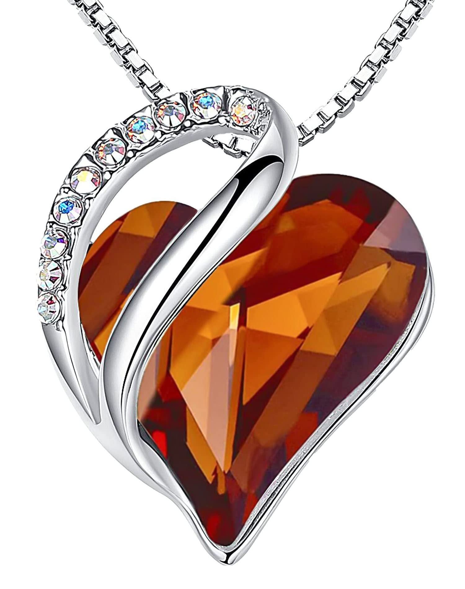 Sterling Silver Geometric Heart Shape Colorful Crystal Pendant Necklace For Women Orange Crystal 925 Silver