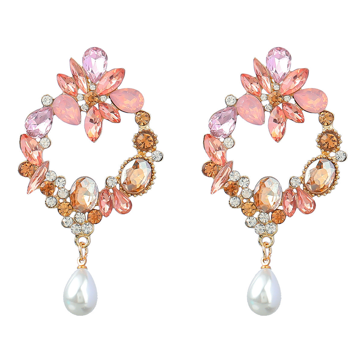 Gold Diamond Geometric Flower Trendy Women Faux Pearl Earrings Pink