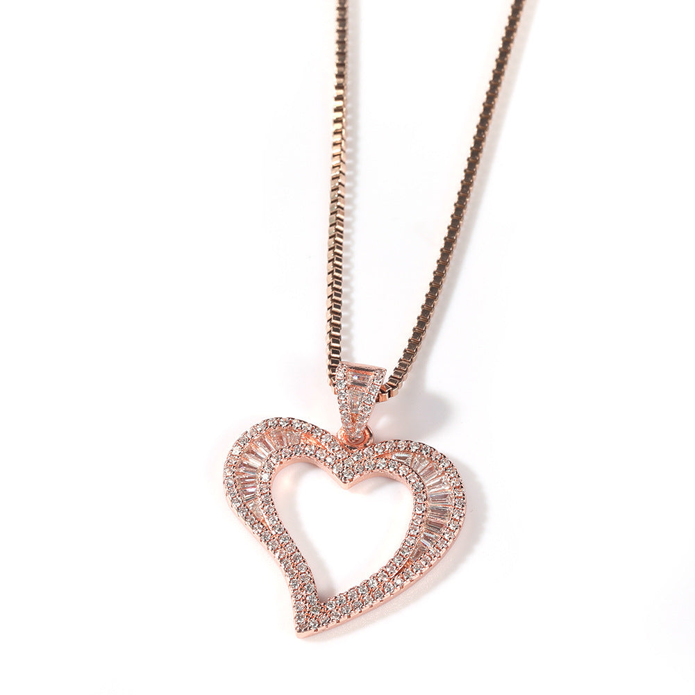 Square Zirconium Small Heart Pendant Simple Hip Hop Necklace Rose Gold