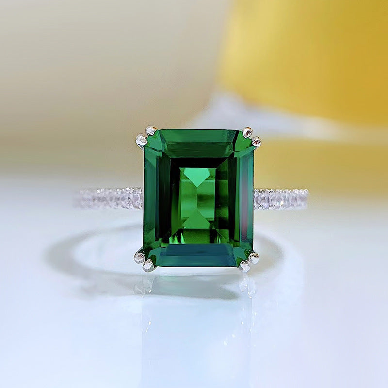 925 Silver Retro Rectangular Car Flat 810 Emerald Women's Ring R382 Lvzuan