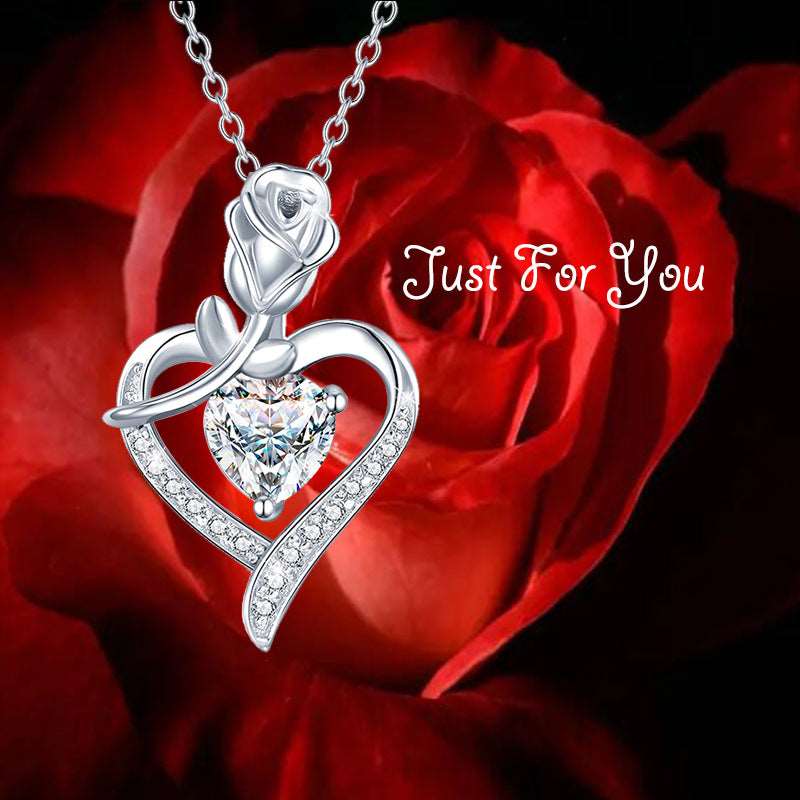 925 Silver Heart-shaped Rose Zircon Necklace