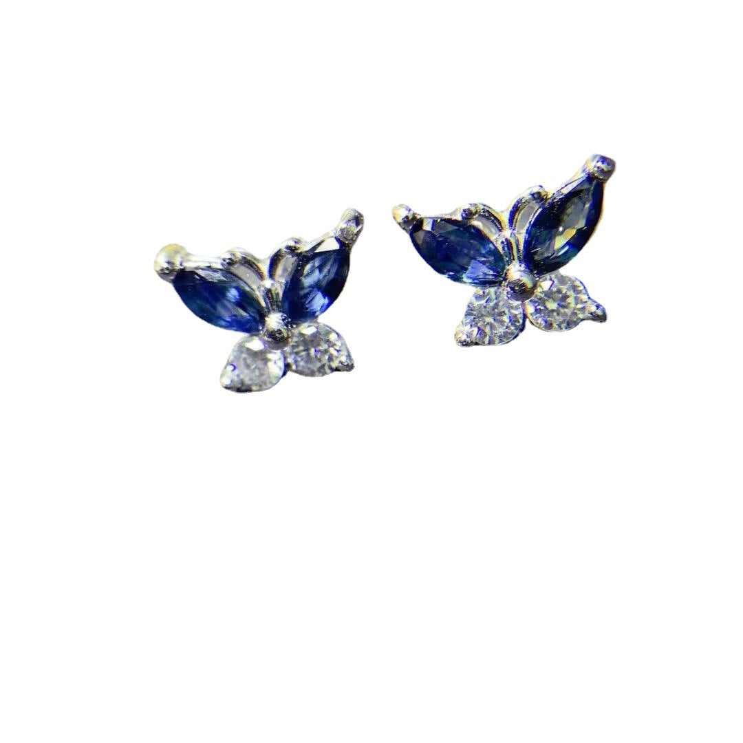 925 Silver Inlaid Natural Sapphire Butterfly Studs White Gold Color