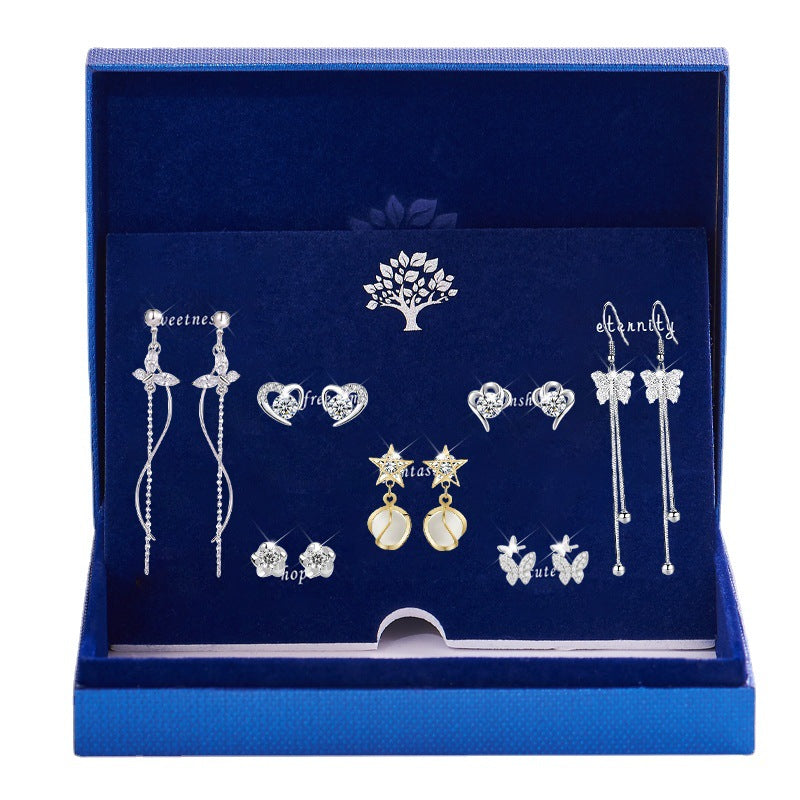 S925 Sterling Silver Suit Female Combination Exquisite Fashion Long Bow Earrings Blue