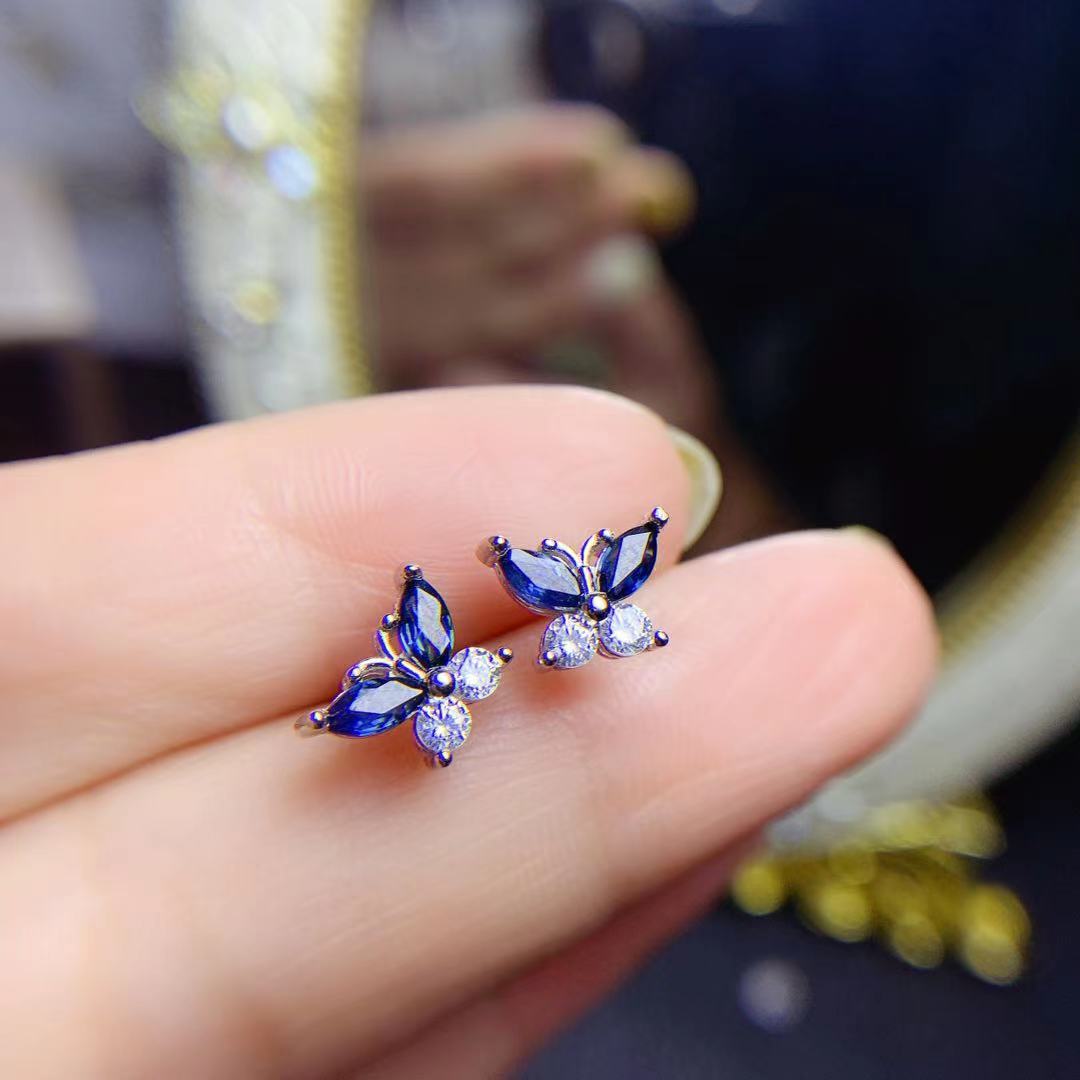 925 Silver Inlaid Natural Sapphire Butterfly Studs