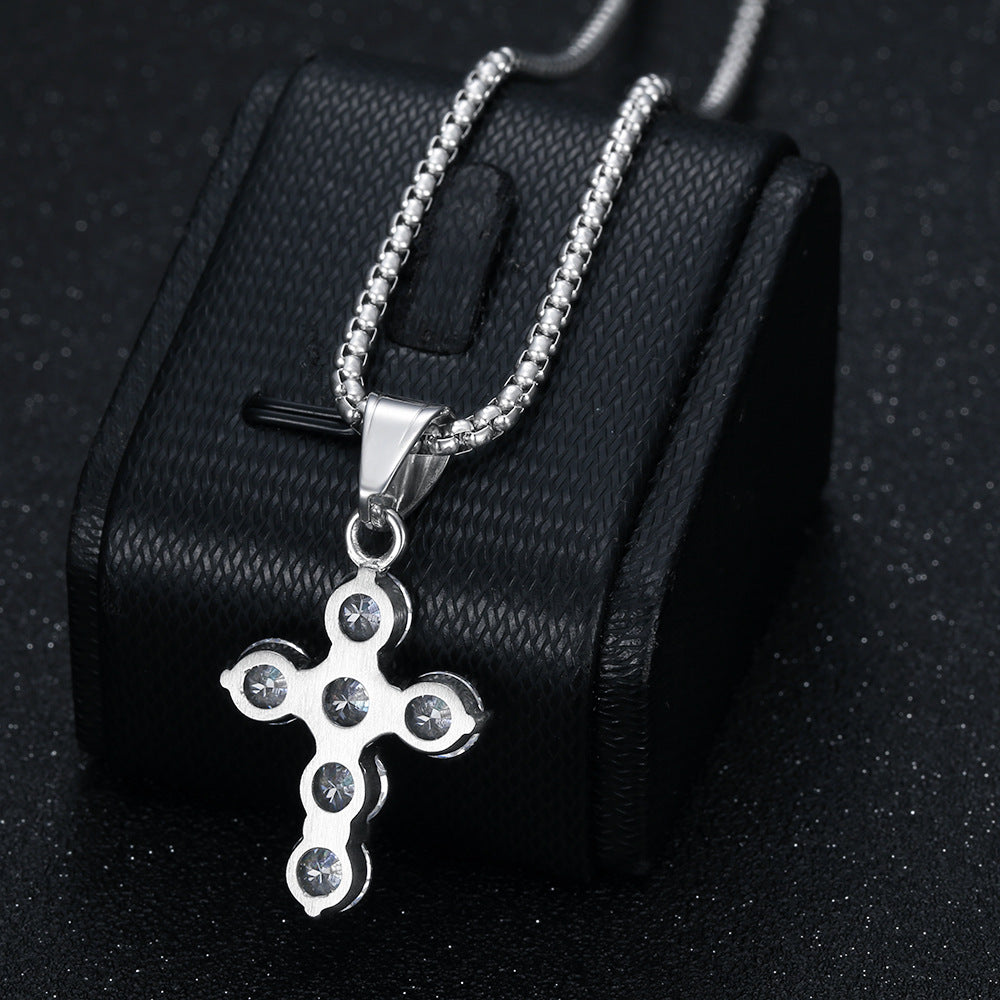 Titanium Steel Diamond 3A Zircon Fat Cross Pendant Necklace