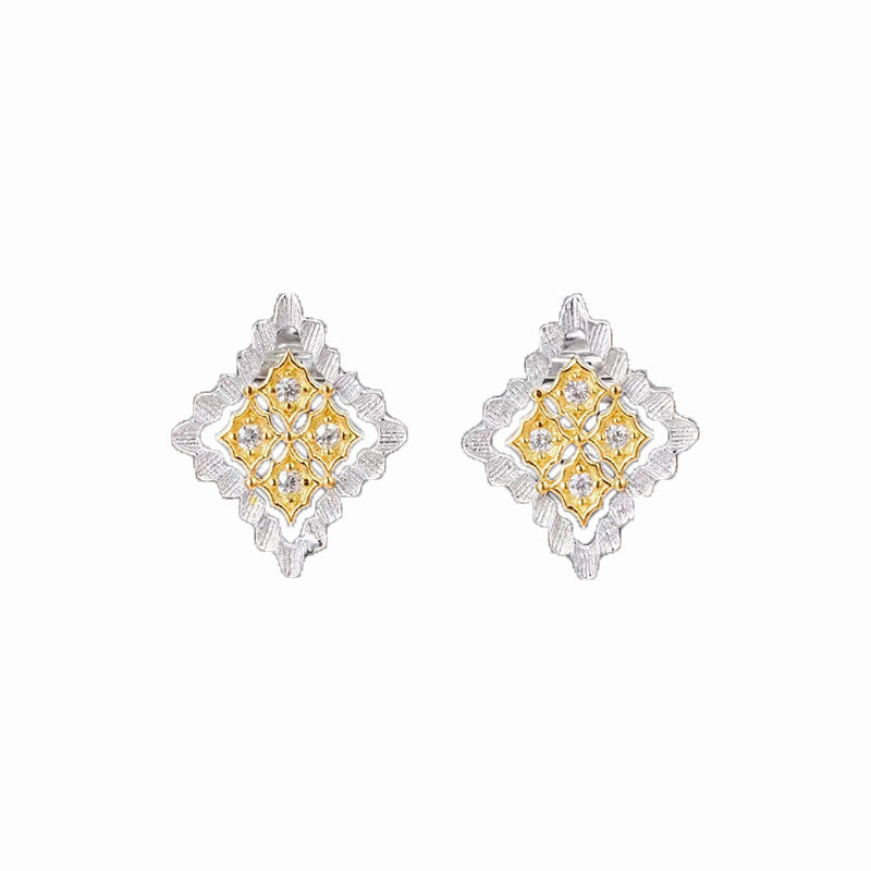 Italian Craft Diamond Stud Earrings Gold Plated Two Tone