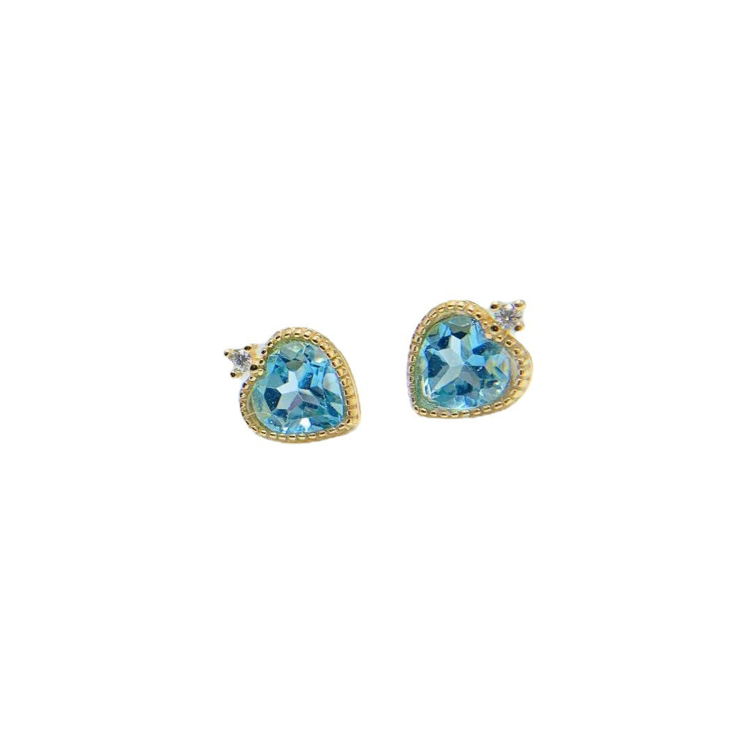 Simple Bezel Setting Natural Blue Topaz Stud Earrings Heart-shaped 925 Silver Inlaid Simple Special Interest Earrings
