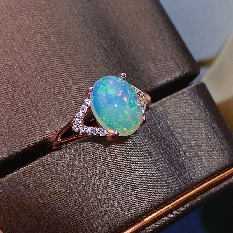 925 Silver Inlaid Natural Australian Opal Ring Rose Gold Adjustable Opening