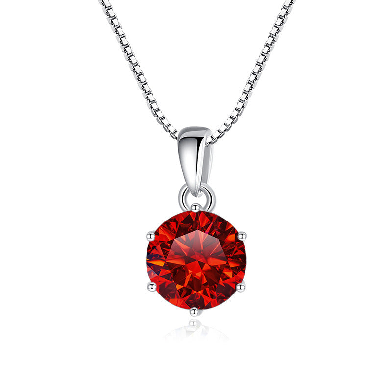 925 Silver Inlaid Round Moissanite Necklace Silver pomegranate red 1Carat