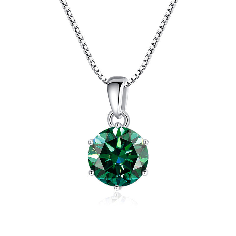 925 Silver Inlaid Round Moissanite Necklace Silver emerald green 1Carat