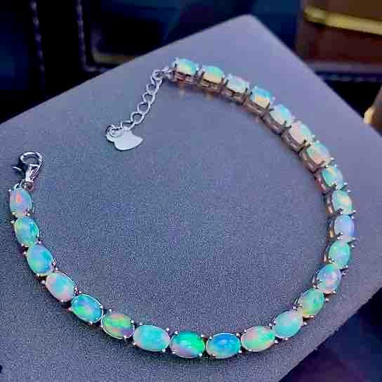 Silver Plated 18k Gold Inlaid Natural Dazzling Opal Bracelet Women Blue