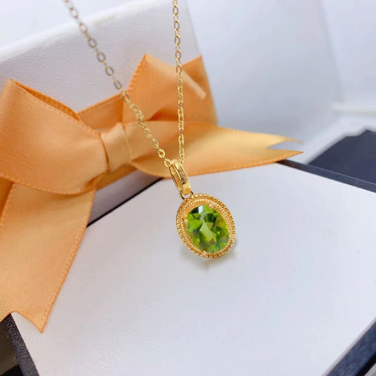 Inlaid Natural Plain Olivine Pendant Necklace Gold 925 Silver