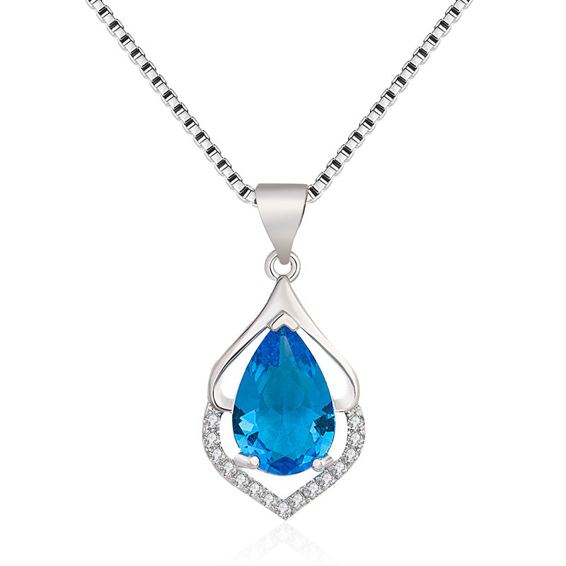 European And American Style New Colored Gems Water Drop Pendant Clavicle Chain Sea Blue Diamond Pendant