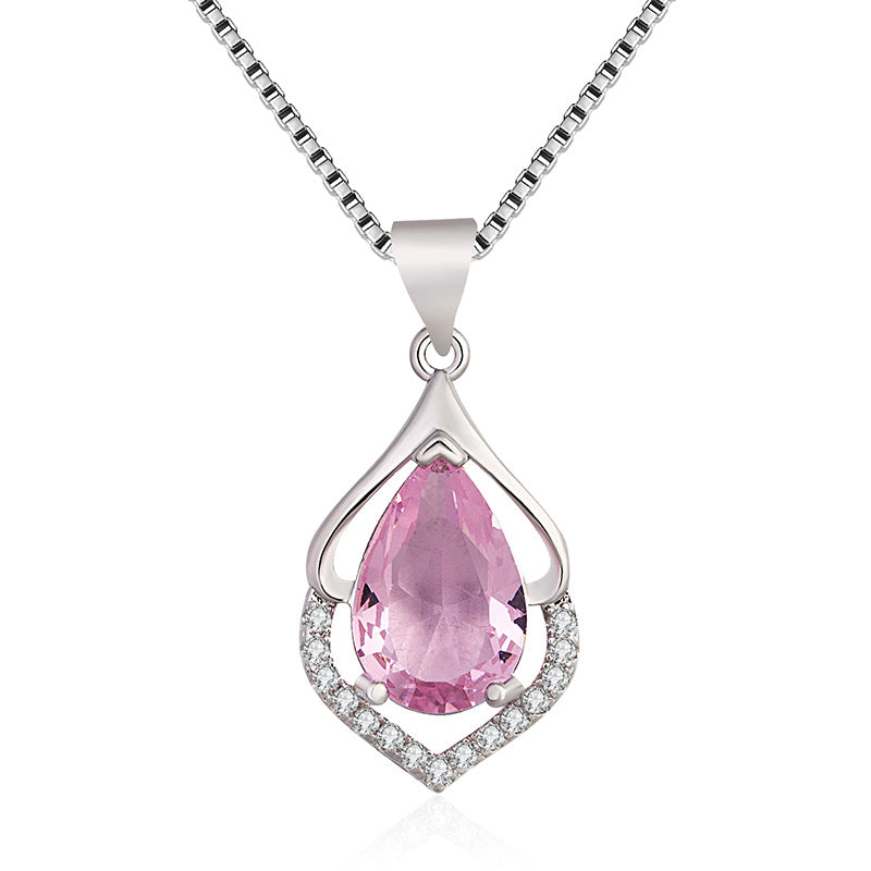 European And American Style New Colored Gems Water Drop Pendant Clavicle Chain Pink Diamond Pendant