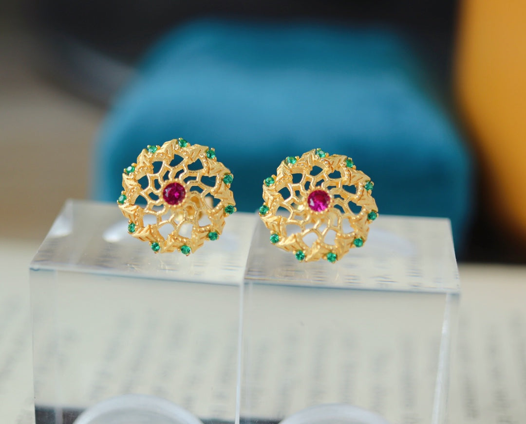 Light Luxury 925 Silver Gold Flower Wheel Earrings