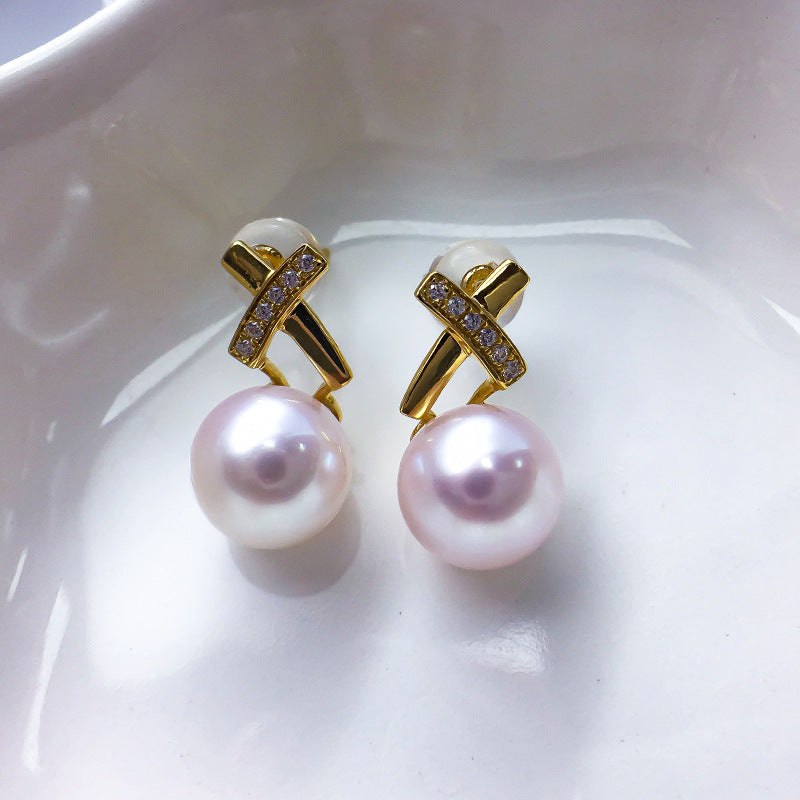 18K Gold Zircon Cross Earrings Sea Pearl