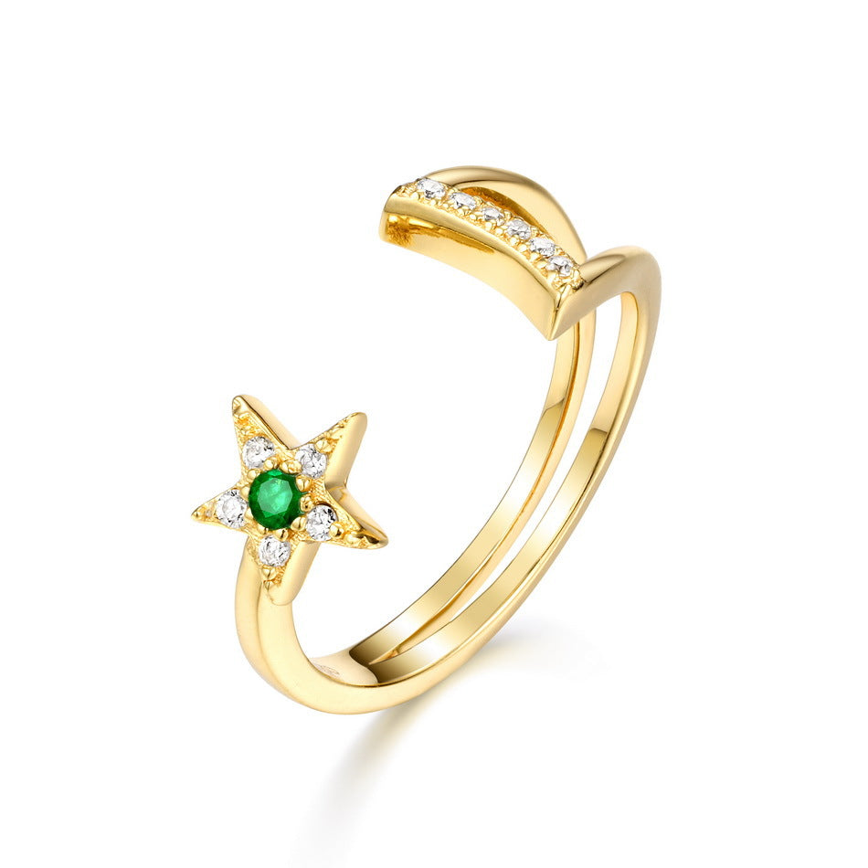 Sterling Silver Gold Plated Meteor Ring Emerald adjustable