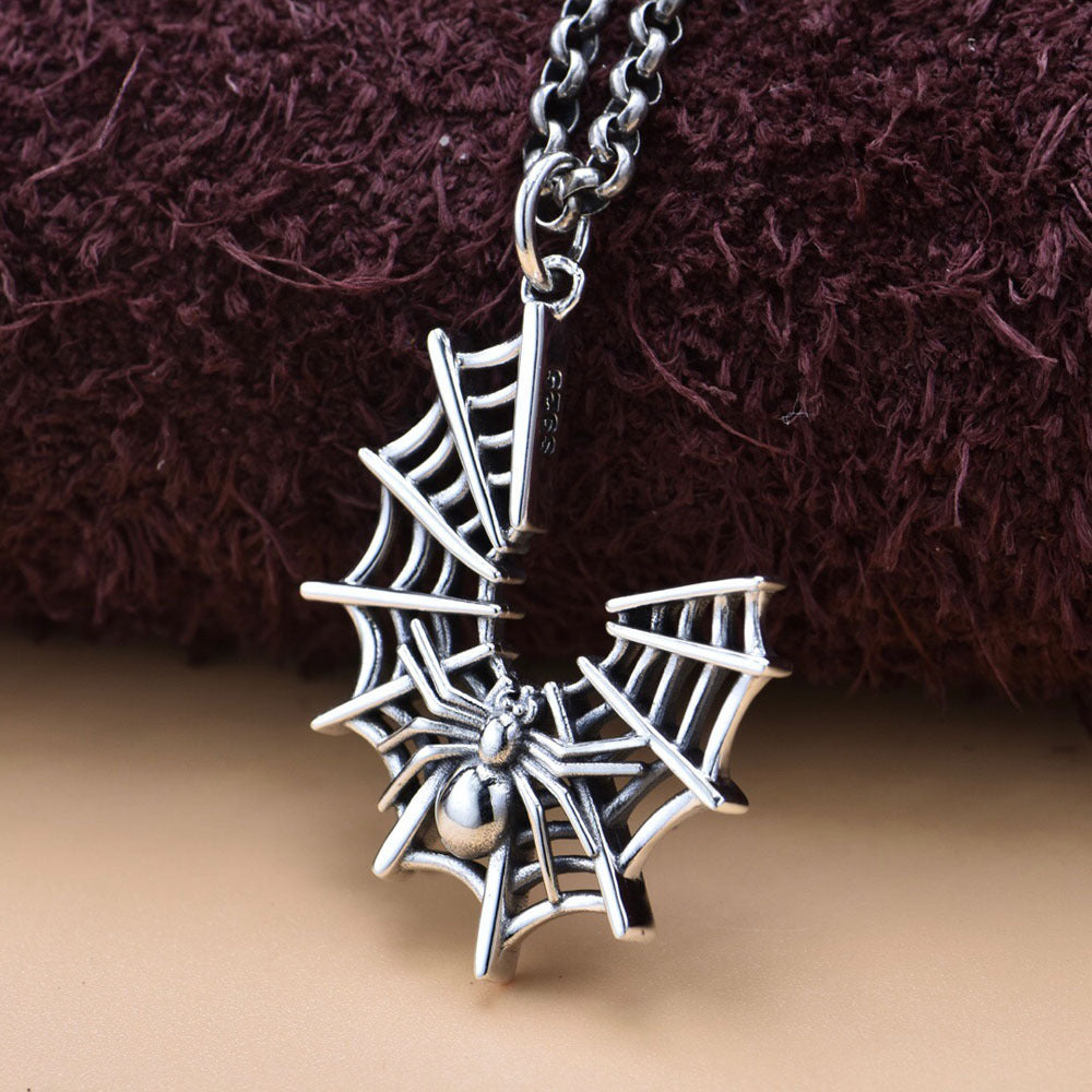 Spider Web Pendant S925 Sterling Silver Gothic Ornament Necklace 60cm Set 925 Silver