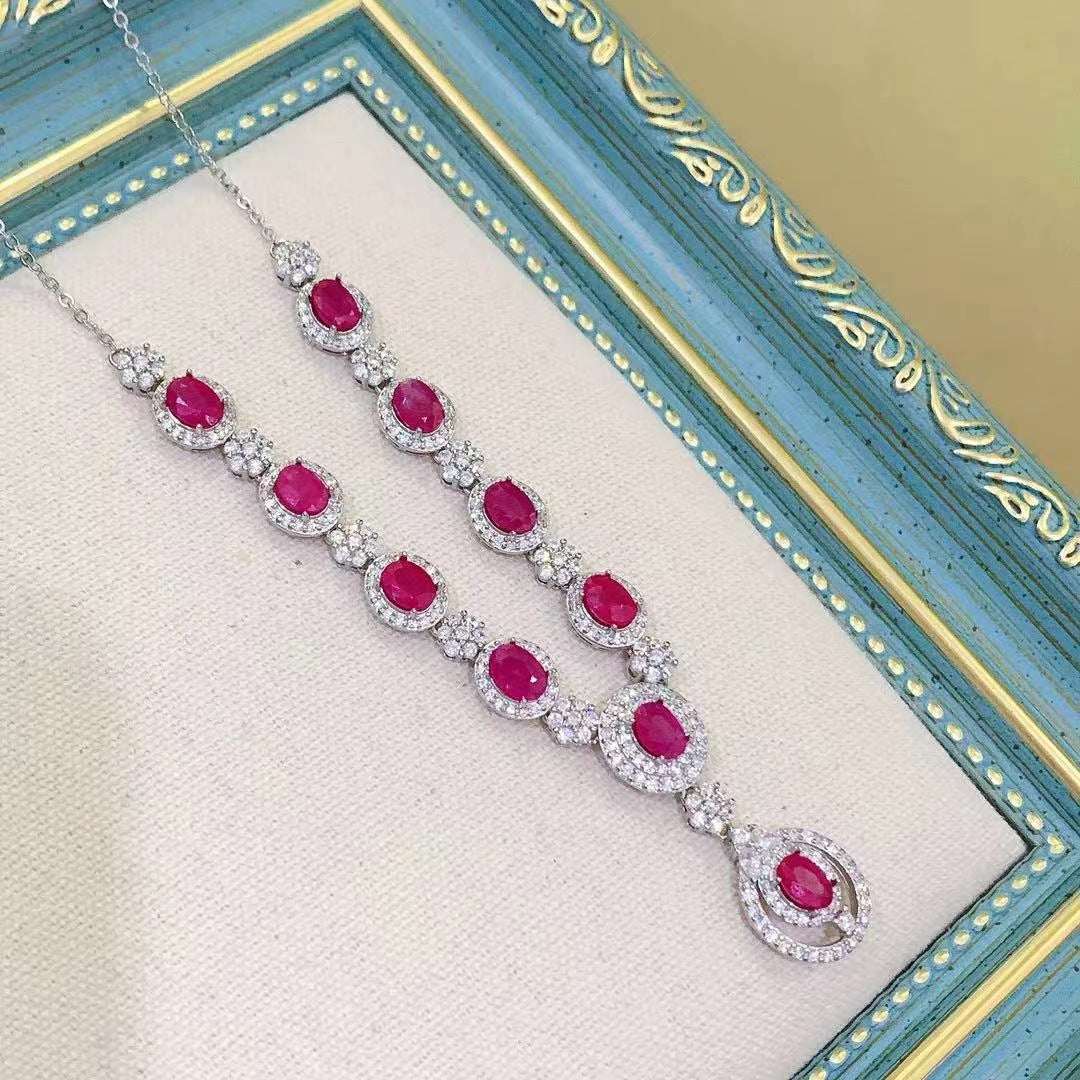 Women's 925 Silver Inlaid Natural Ruby Necklace White Gold Color