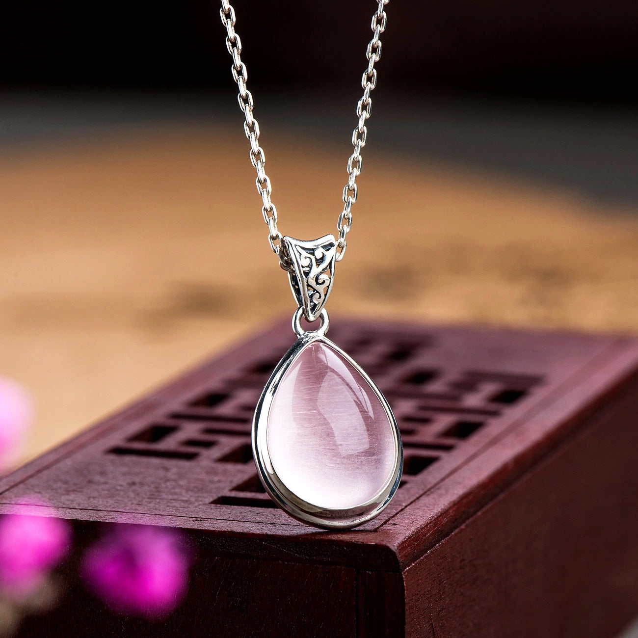 S925 Silver Powder Crystal Pendant Necklace Women's All-match Drop-shaped Ice-like Ross Quartz Clavicle Chain