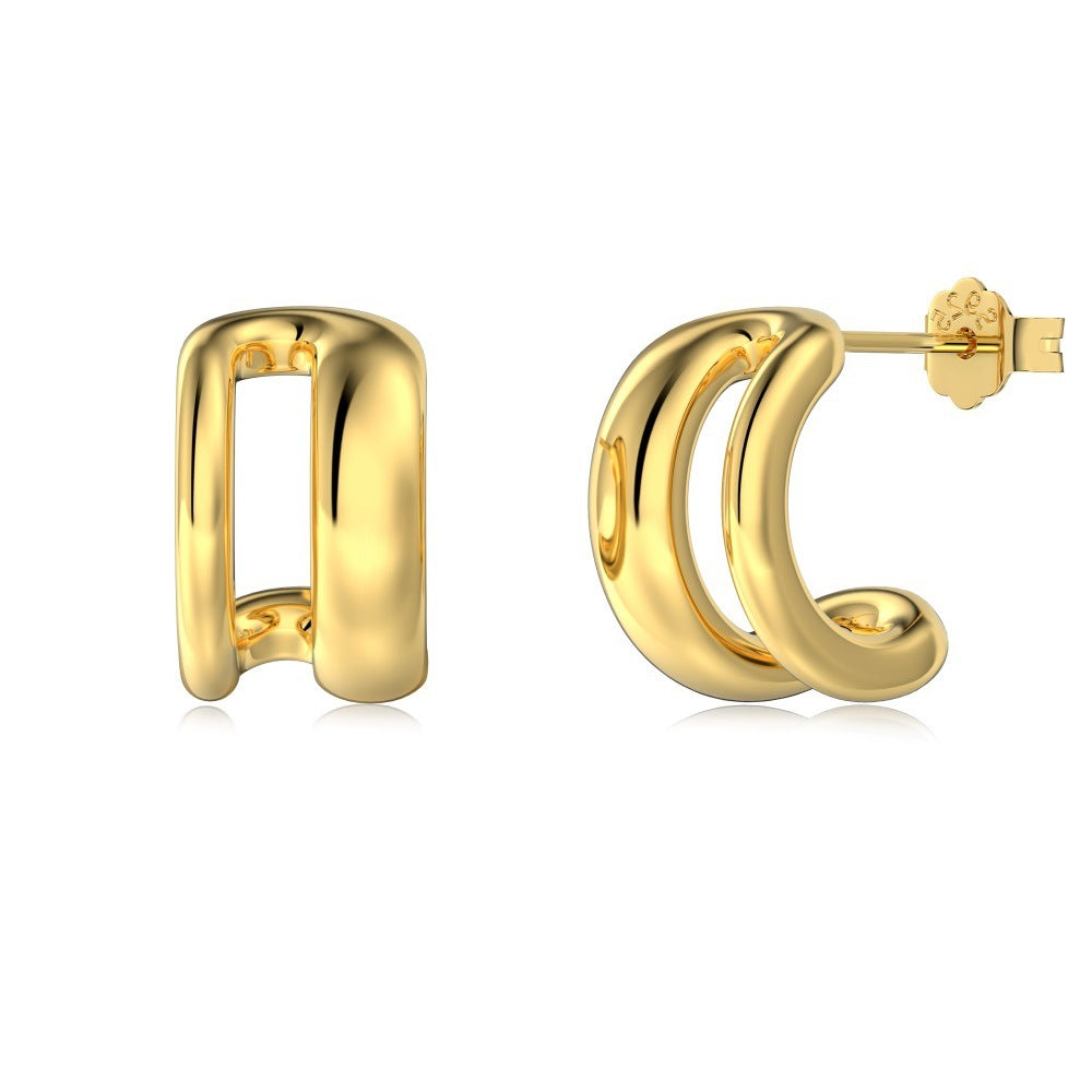 Silver S925 Glossy Double-layer Geometric Symmetrical Left And Right Simple Bracelet Simple Advanced Design Female Earrings
