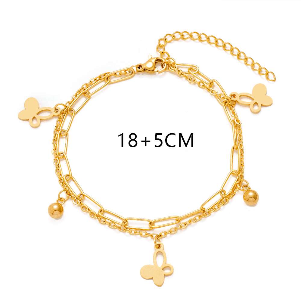 Double Layer Gold Stainless Steel Chain Bracelet Butterfly Heart Dog Paw Tree Of Life Charm Bracelets For Women