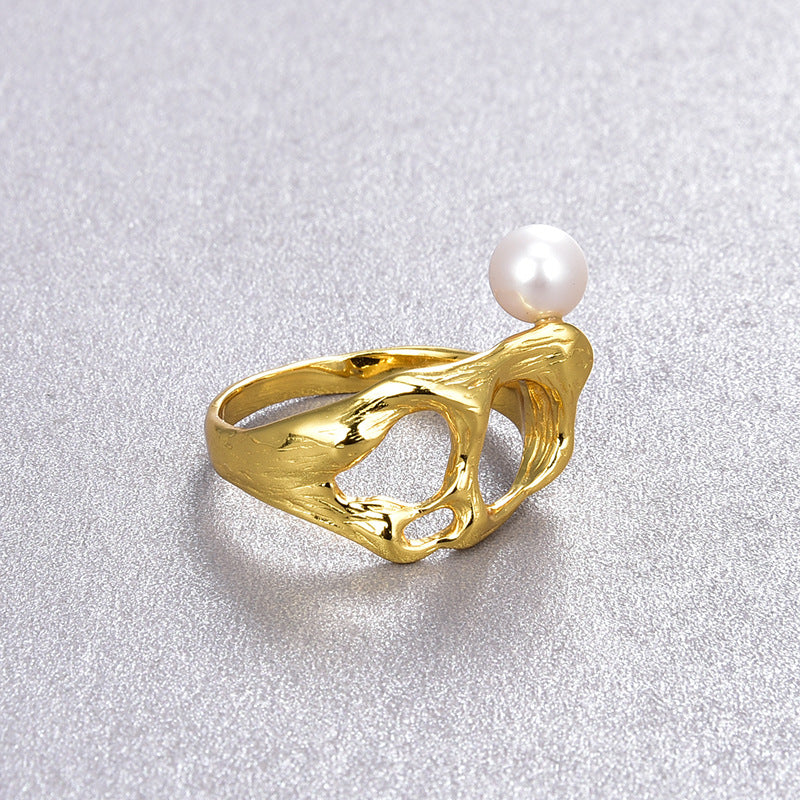 Irregular Cutout S925 Silver 18k Gold Plated Pearl Ring