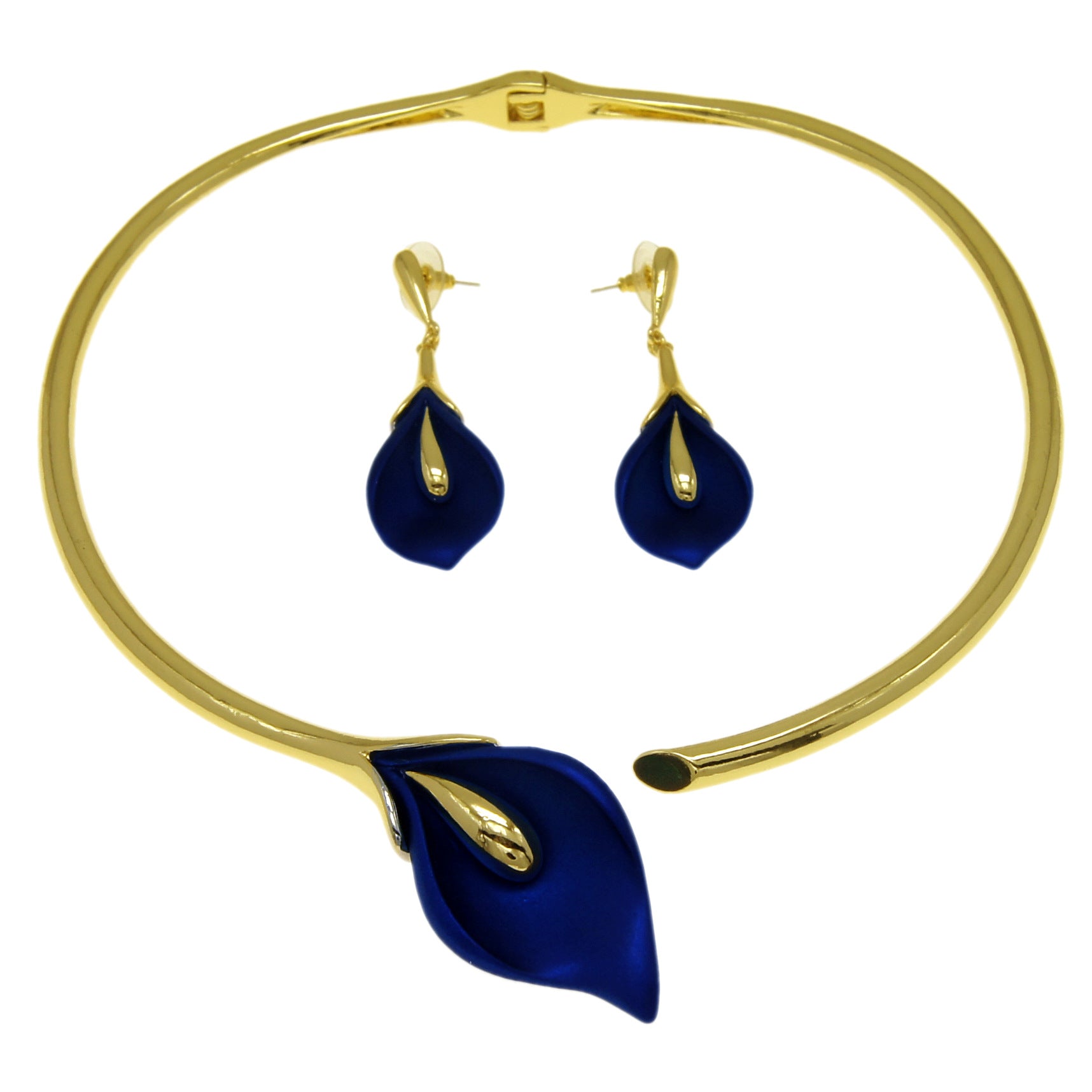 Jewelry 24K Gold Plated Flower Necklace Earrings Two Piece Set Blue