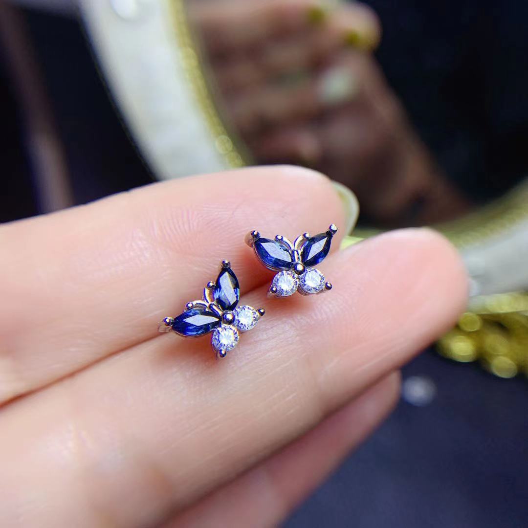 925 Silver Inlaid Natural Sapphire Butterfly Studs