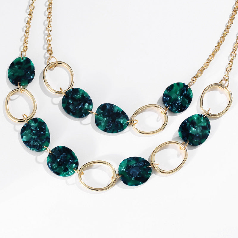 Regular Alloy Geometric Circle Acetate Plate Multilayer Short Necklace Women Green