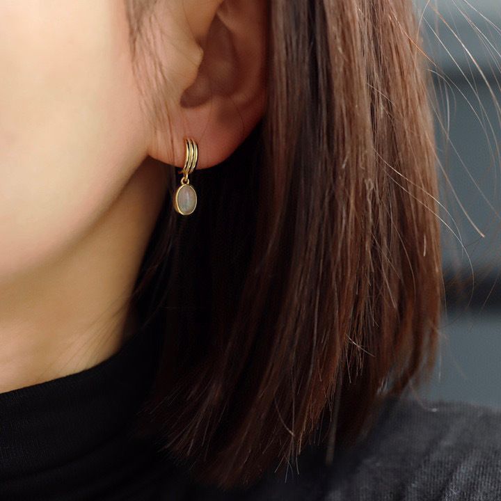Retro French Style Natural Opal Sterling Silver Plated 18K Gold Earrings