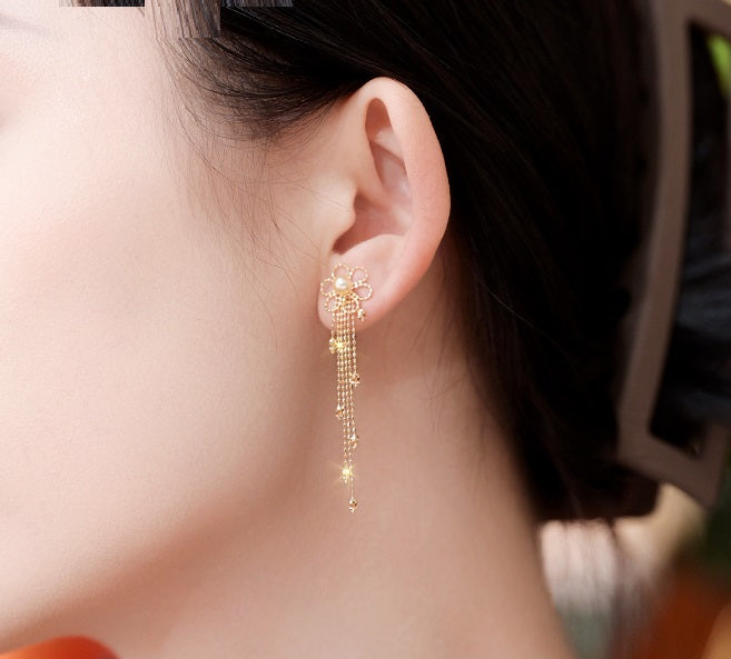 New Light Luxury Design Premium 18K Gold Lace Pearl Earrings