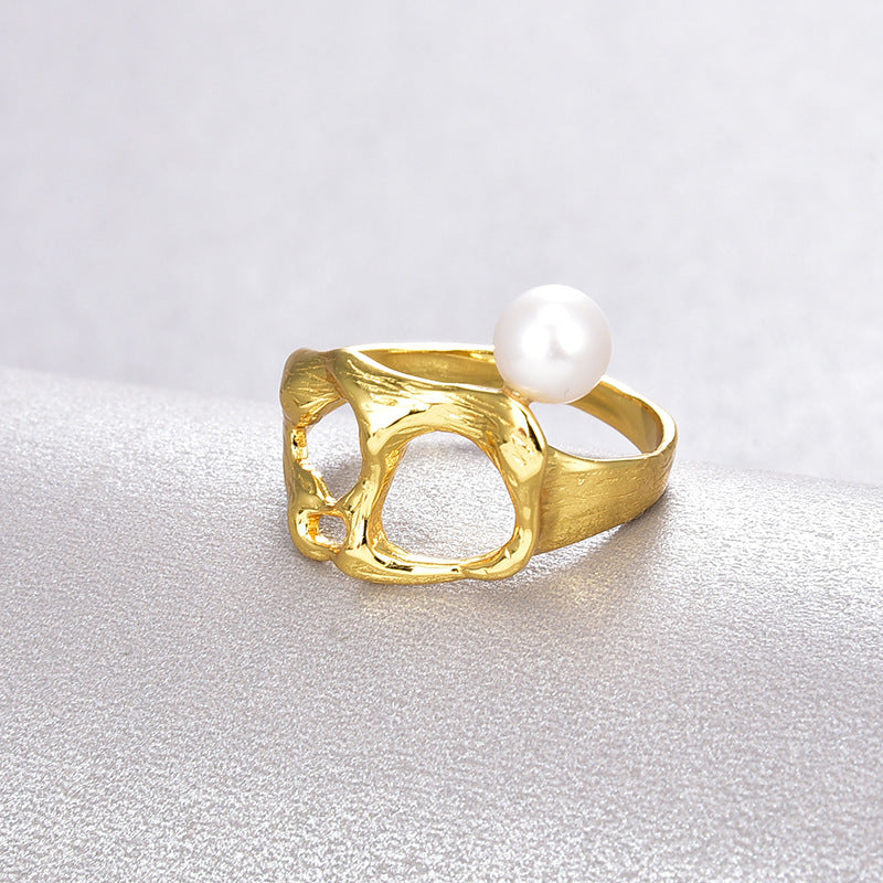 Irregular Cutout S925 Silver 18k Gold Plated Pearl Ring