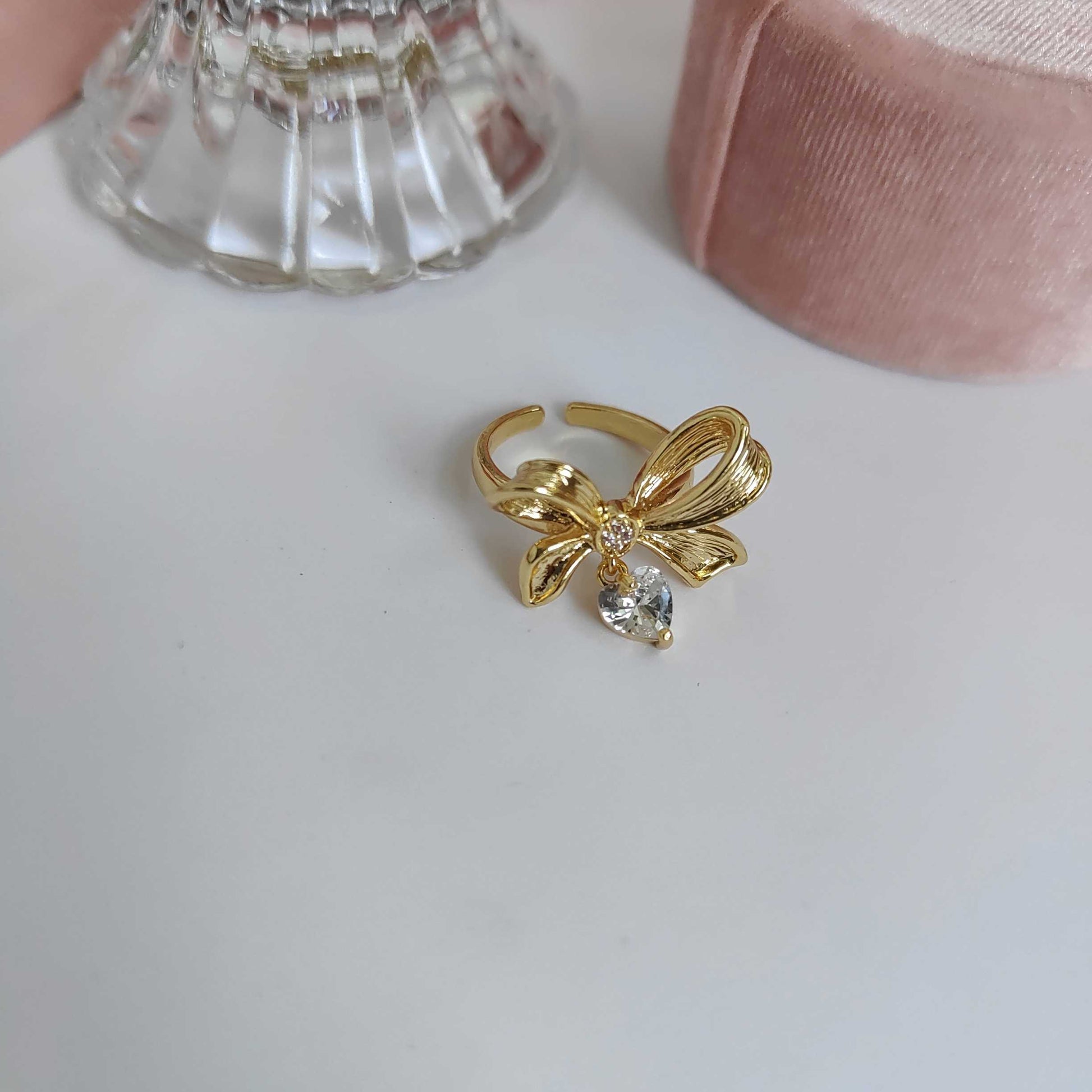 Gold Vintage Bow Heart Zircon Elegant Princess Earrings Ring Collar Ring