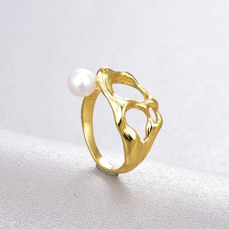 Irregular Cutout S925 Silver 18k Gold Plated Pearl Ring Gold