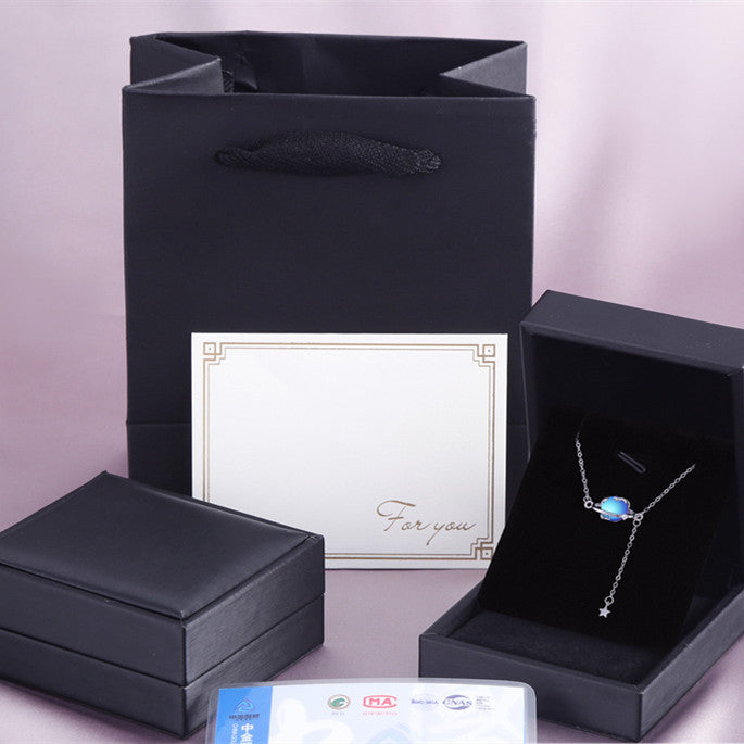 Women's Fashion Sterling Silver Aurora Planet Collarbone Chain White Gold Gift Box Packing